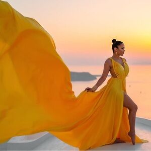 Gorgeous Long Flowy Satin Flying Maxi Dress Yellow